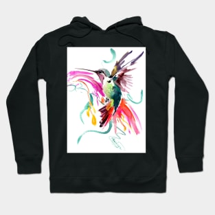 Flying Hummingbird and Abstract Flowers, Turquoise, pink watercolor bird artwork Hoodie